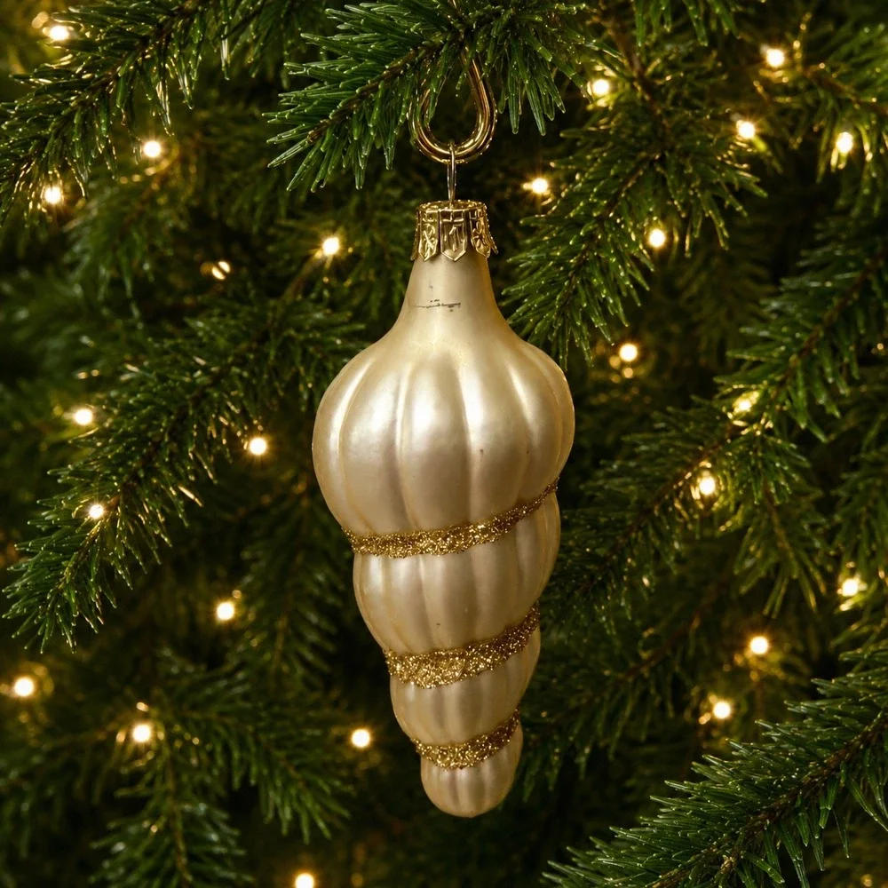 Pier 1 Set of 9 Glass Christmas Ornament Set Gold Glitter Balls Conch Shells
